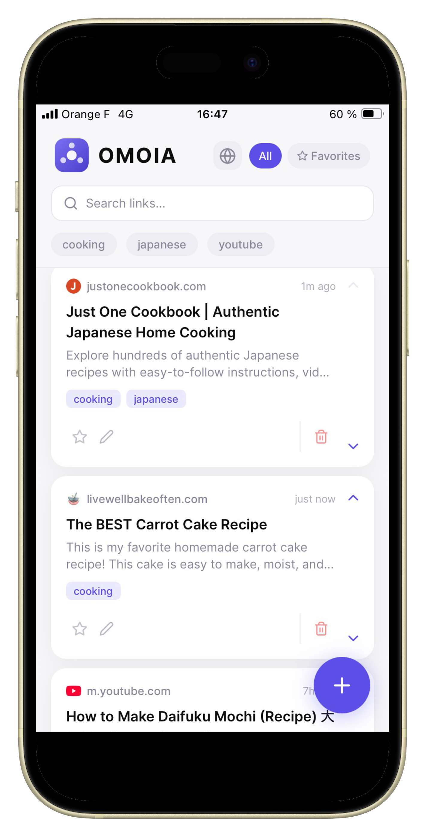 OMOIA link manager app showing saved links with tags on iPhone